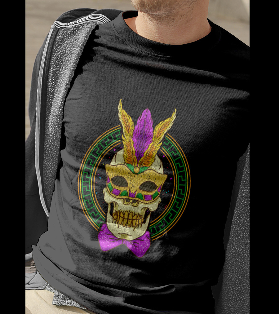 Mardi Gras Feathered Skull Mask With Colorful Bowtie T-Shirt