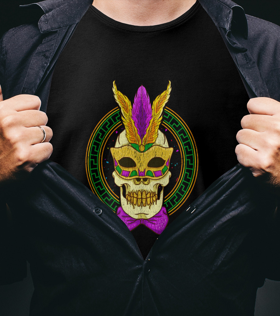 Mardi Gras Feathered Skull Mask With Colorful Bowtie T-Shirt