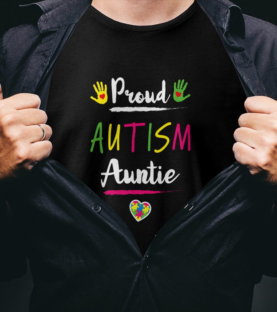 Proud Autism Auntie Colorful Heart Handprints Autism Awareness Day T-Shirt