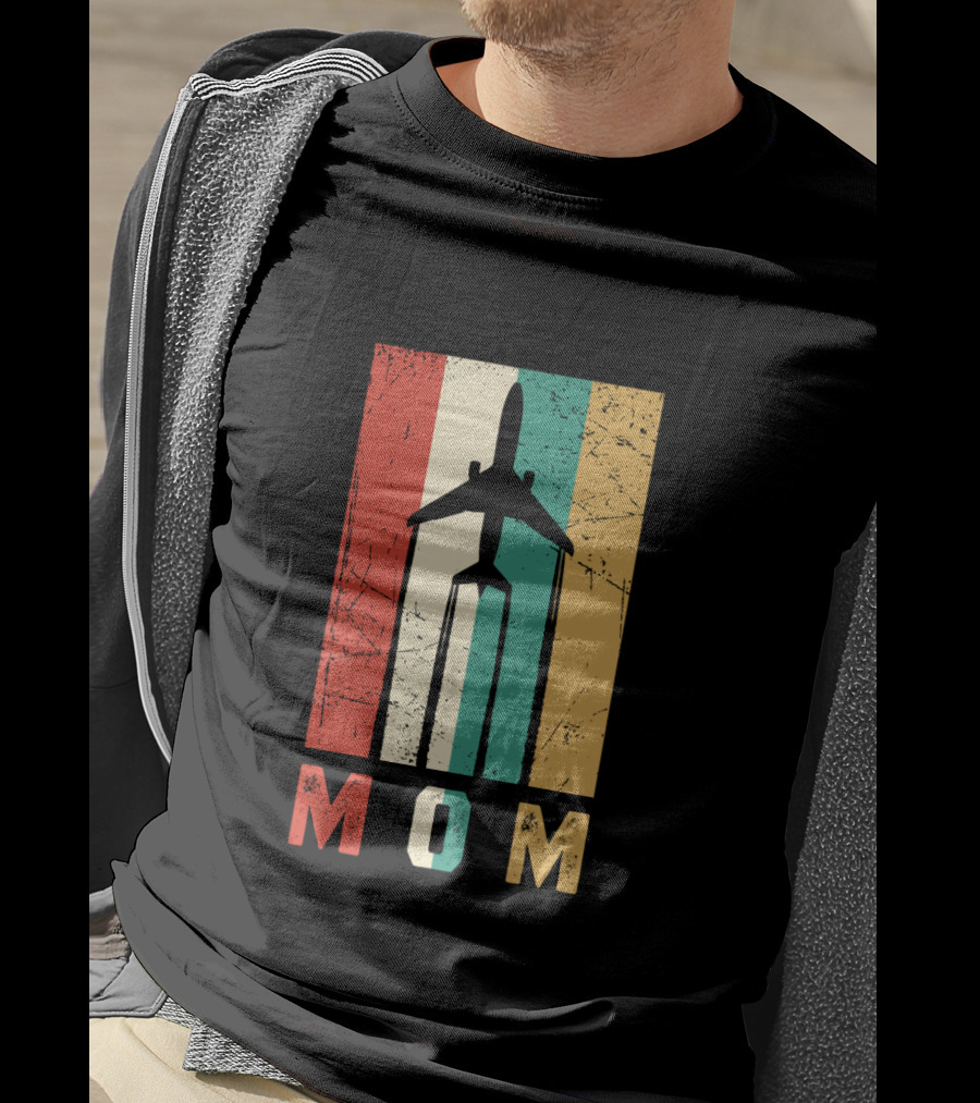 Mom Airplane Retro Vintage Pilot Stripe T-Shirt