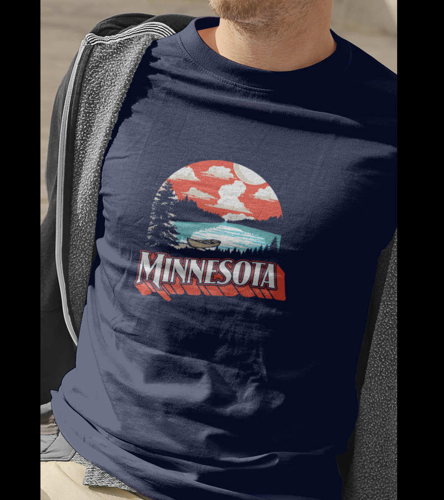 Minnesota Boat On Scenic Vintage Lake With Forest And Sunset Sky T-Shirt