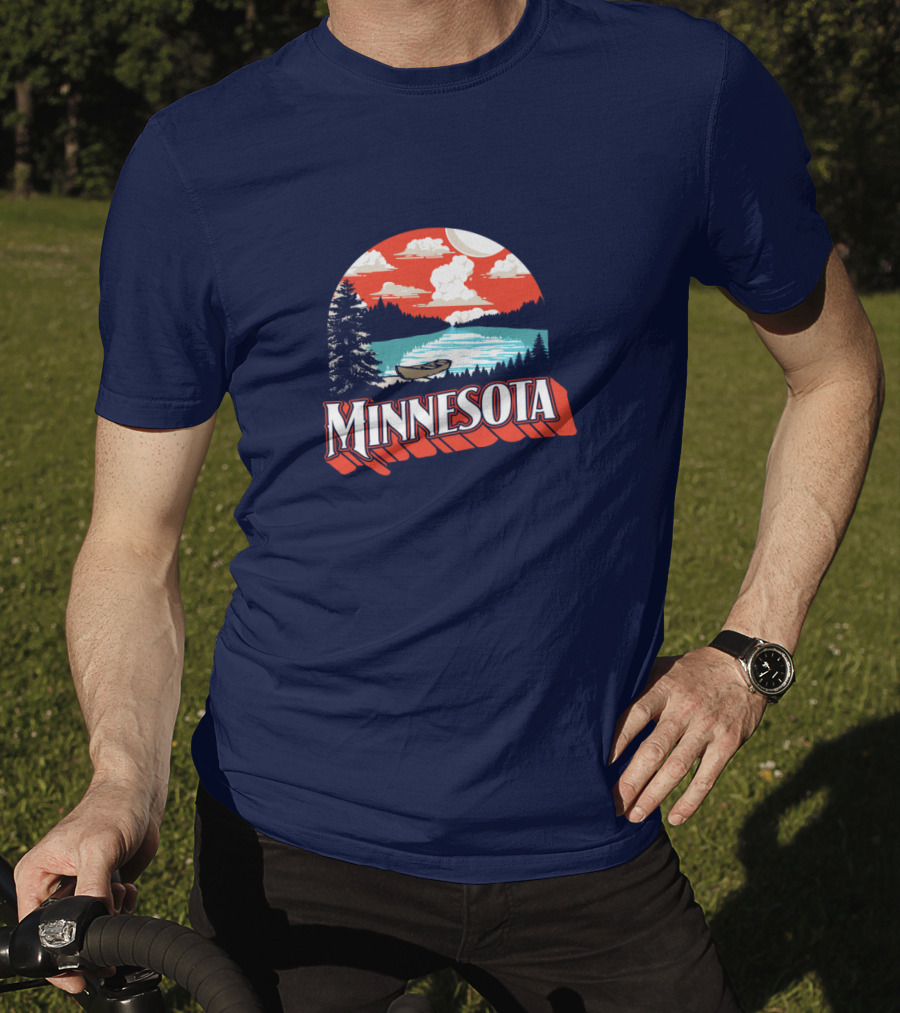 Minnesota Boat On Scenic Vintage Lake With Forest And Sunset Sky T-Shirt