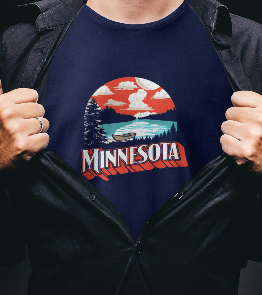 Minnesota Boat On Scenic Vintage Lake With Forest And Sunset Sky T-Shirt
