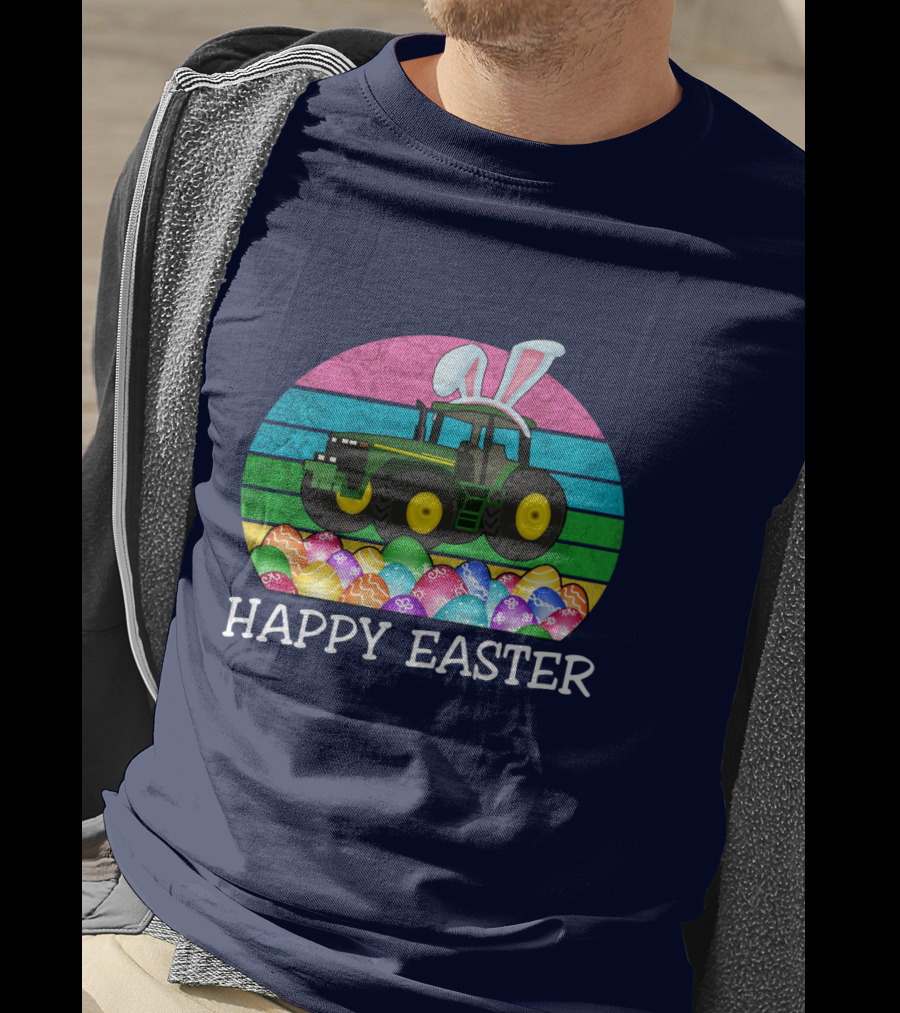 Happy Easter Vintage Bunny Ears With Tractor And Colorful Eggs T-Shirt