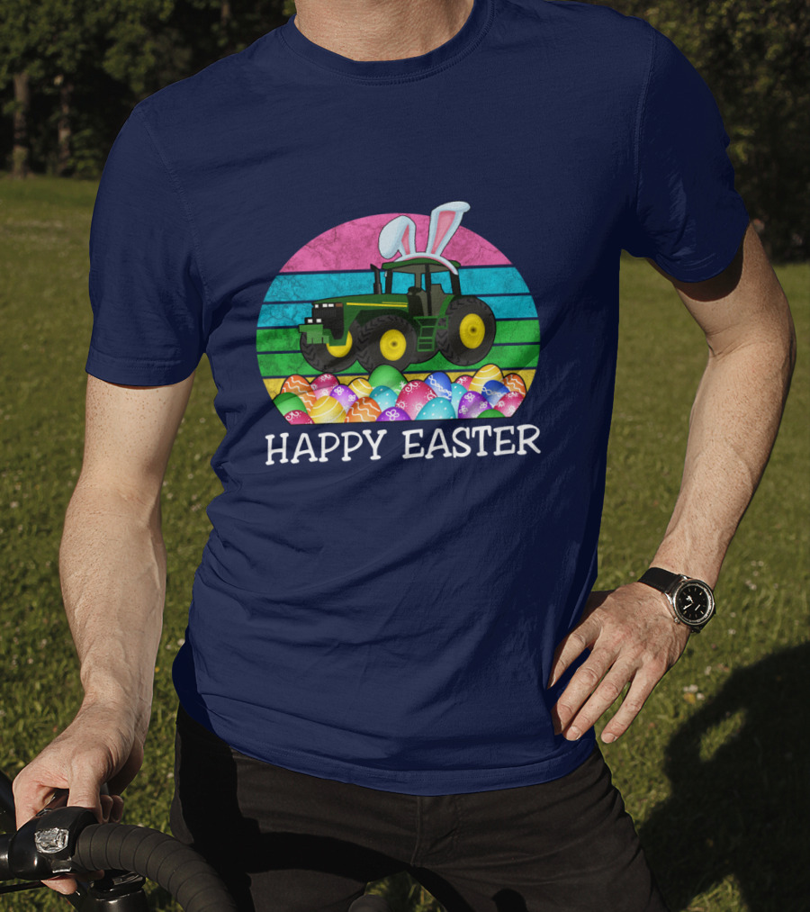 Happy Easter Vintage Bunny Ears With Tractor And Colorful Eggs T-Shirt