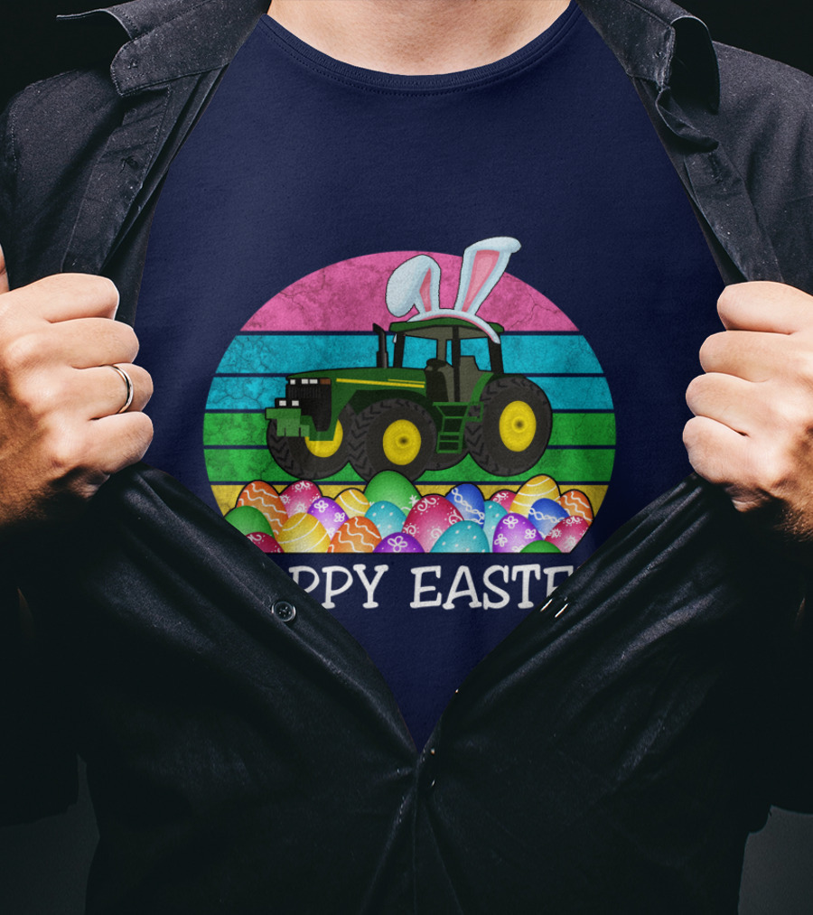 Happy Easter Vintage Bunny Ears With Tractor And Colorful Eggs T-Shirt