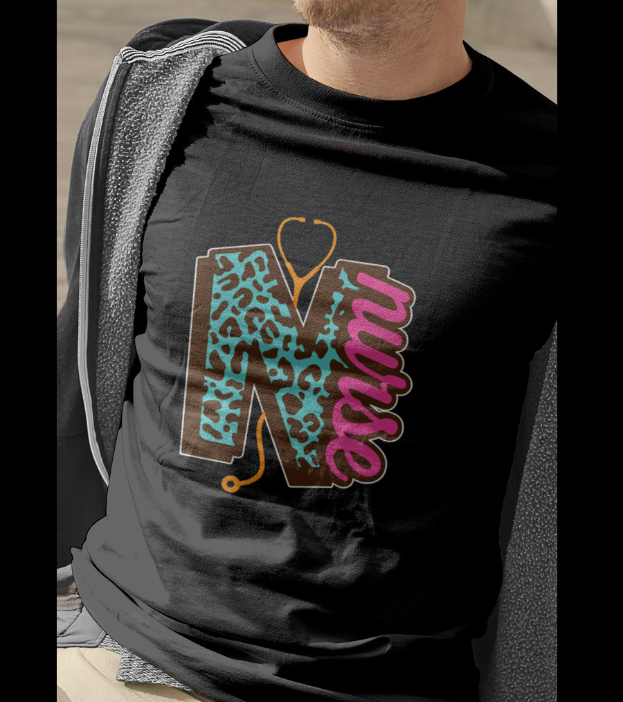 Nurse Leopard Print Stethoscope Lettering T-Shirt