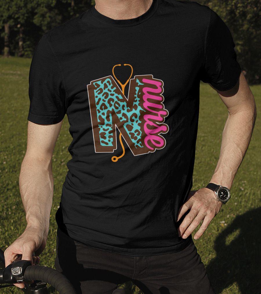 Nurse Leopard Print Stethoscope Lettering T-Shirt