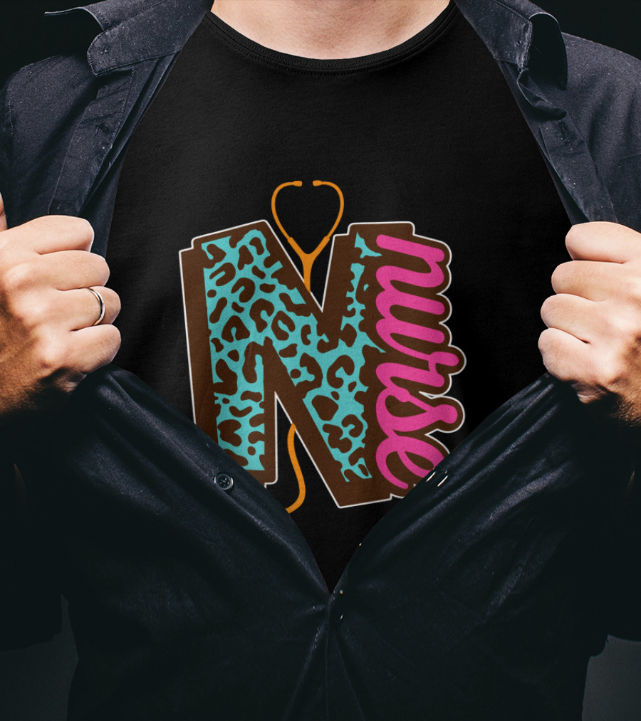 Nurse Leopard Print Stethoscope Lettering T-Shirt