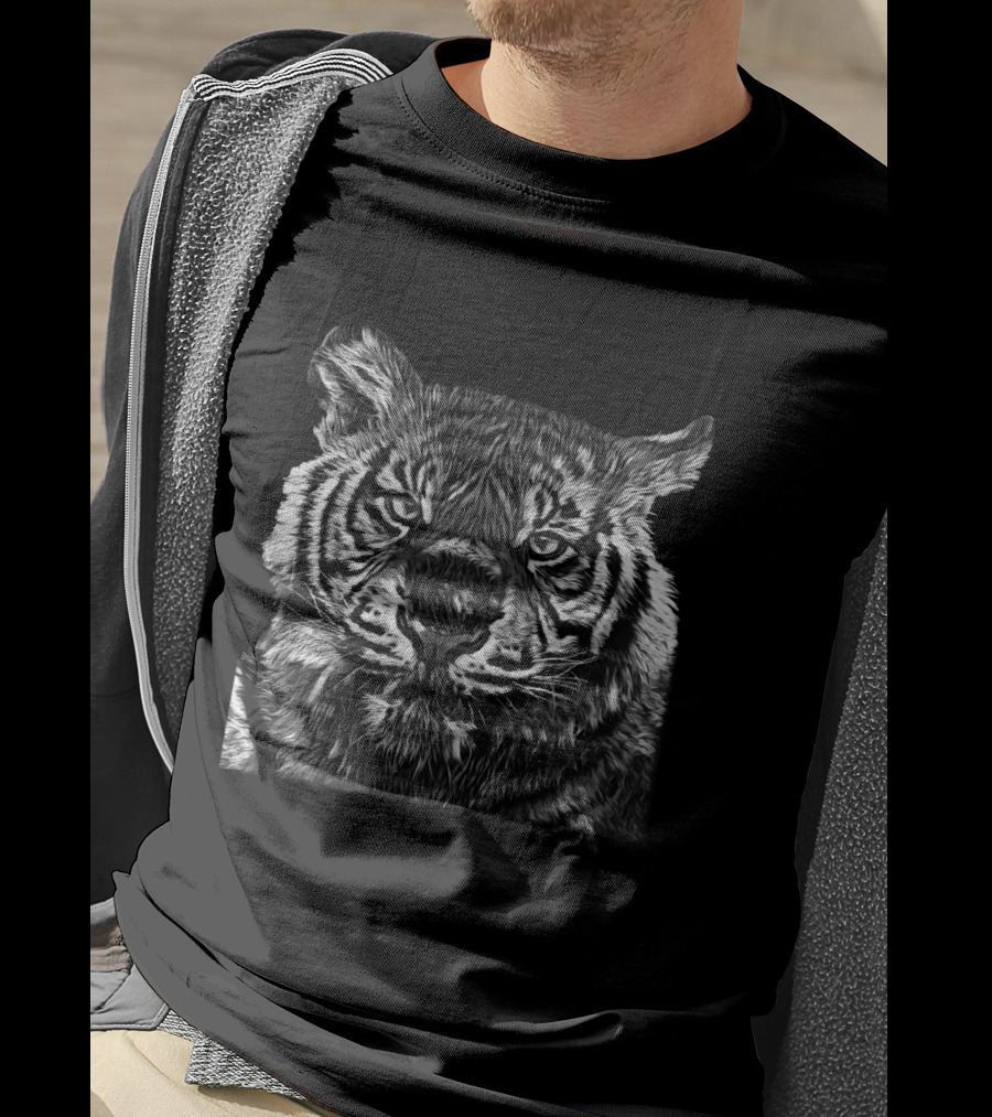Tiger Large Cat Jungle Wildlife Black White T-Shirt