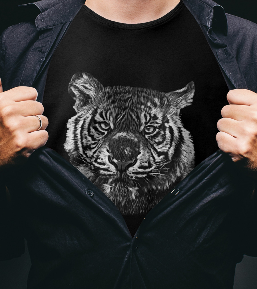 Tiger Large Cat Jungle Wildlife Black White T-Shirt