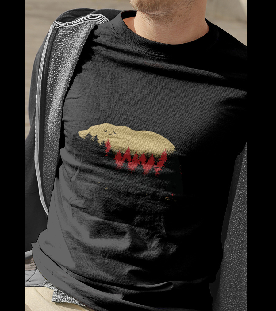 Wildlife Bear And Forest Silhouette With Trees And Birds T-Shirt
