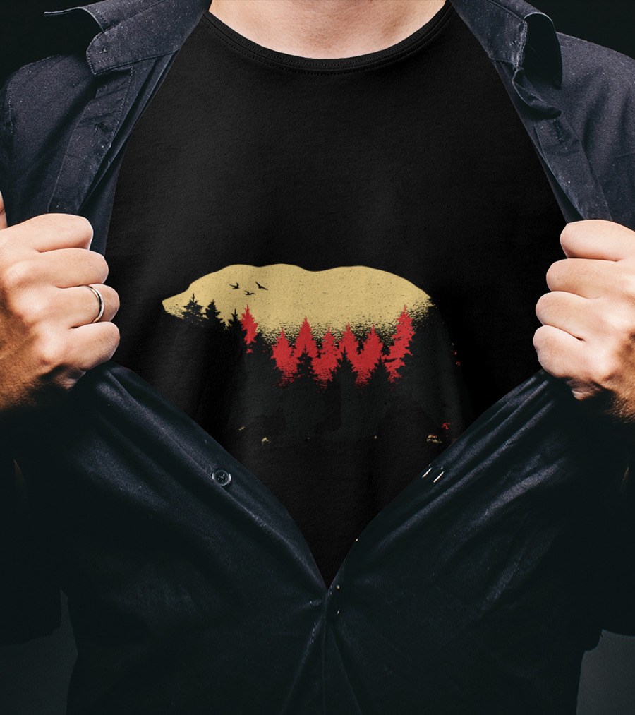 Wildlife Bear And Forest Silhouette With Trees And Birds T-Shirt