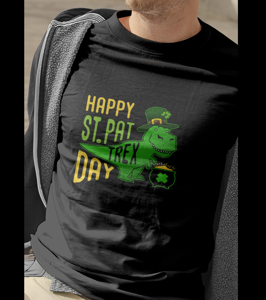 Happy St Pat Day T-Rex Dinosaur With Hat And Pot Of Gold T-Shirt