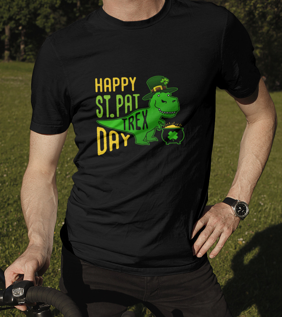Happy St Pat Day T-Rex Dinosaur With Hat And Pot Of Gold T-Shirt