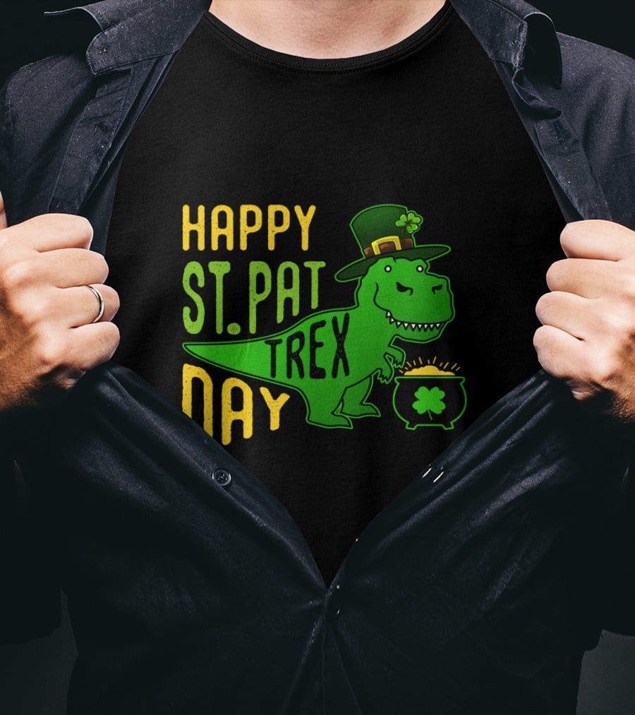 Happy St Pat Day T-Rex Dinosaur With Hat And Pot Of Gold T-Shirt