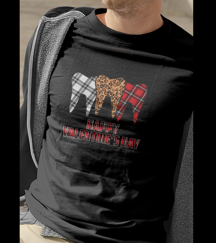 Happy Valentine's Day Plaid Leopard Dentist Teeth T-Shirt