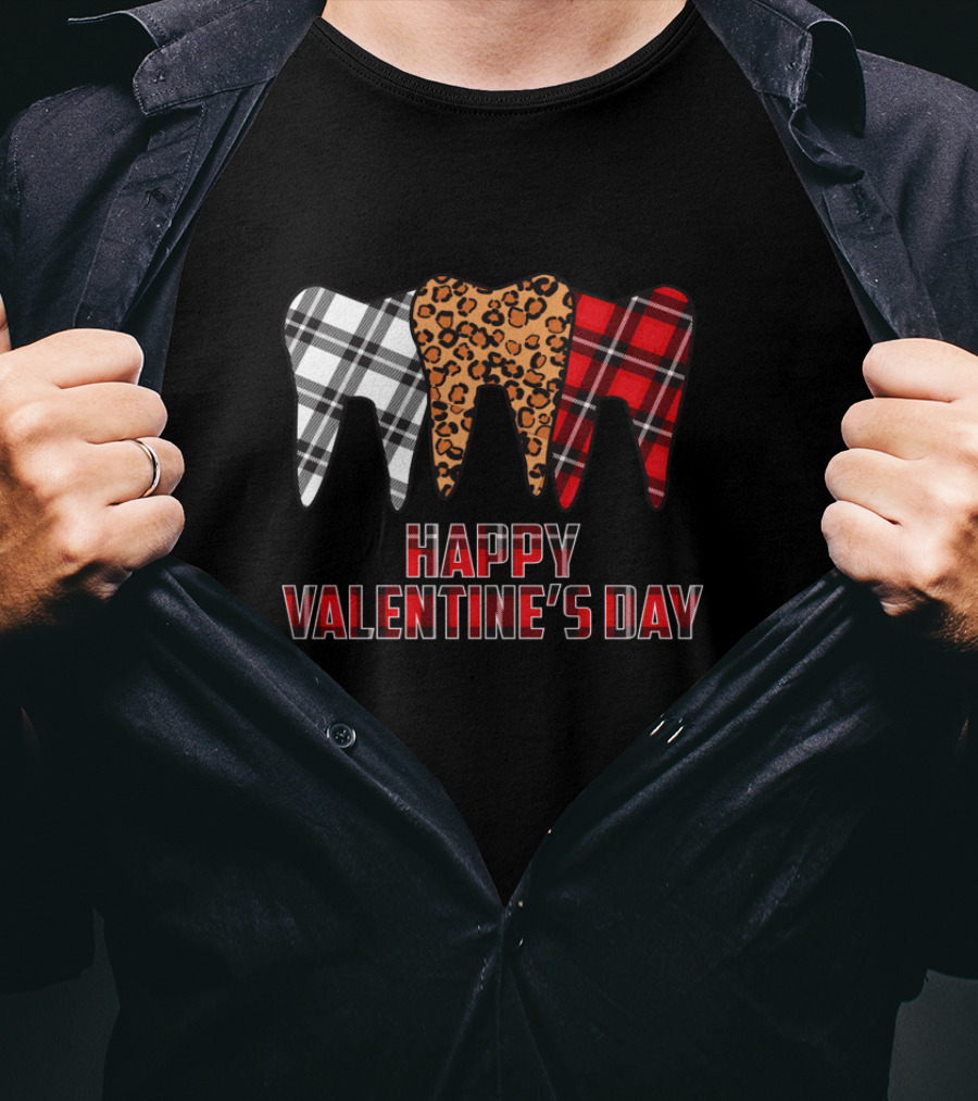 Happy Valentine's Day Plaid Leopard Dentist Teeth T-Shirt