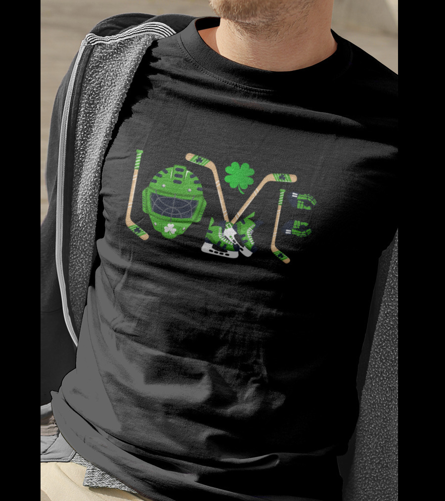Love Hockey Sports Leprechaun Clover Helmet Sticks Skates Gloves T-Shirt