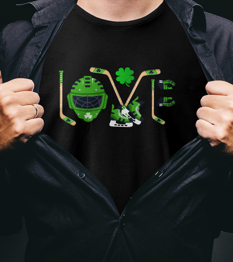 Love Hockey Sports Leprechaun Clover Helmet Sticks Skates Gloves T-Shirt