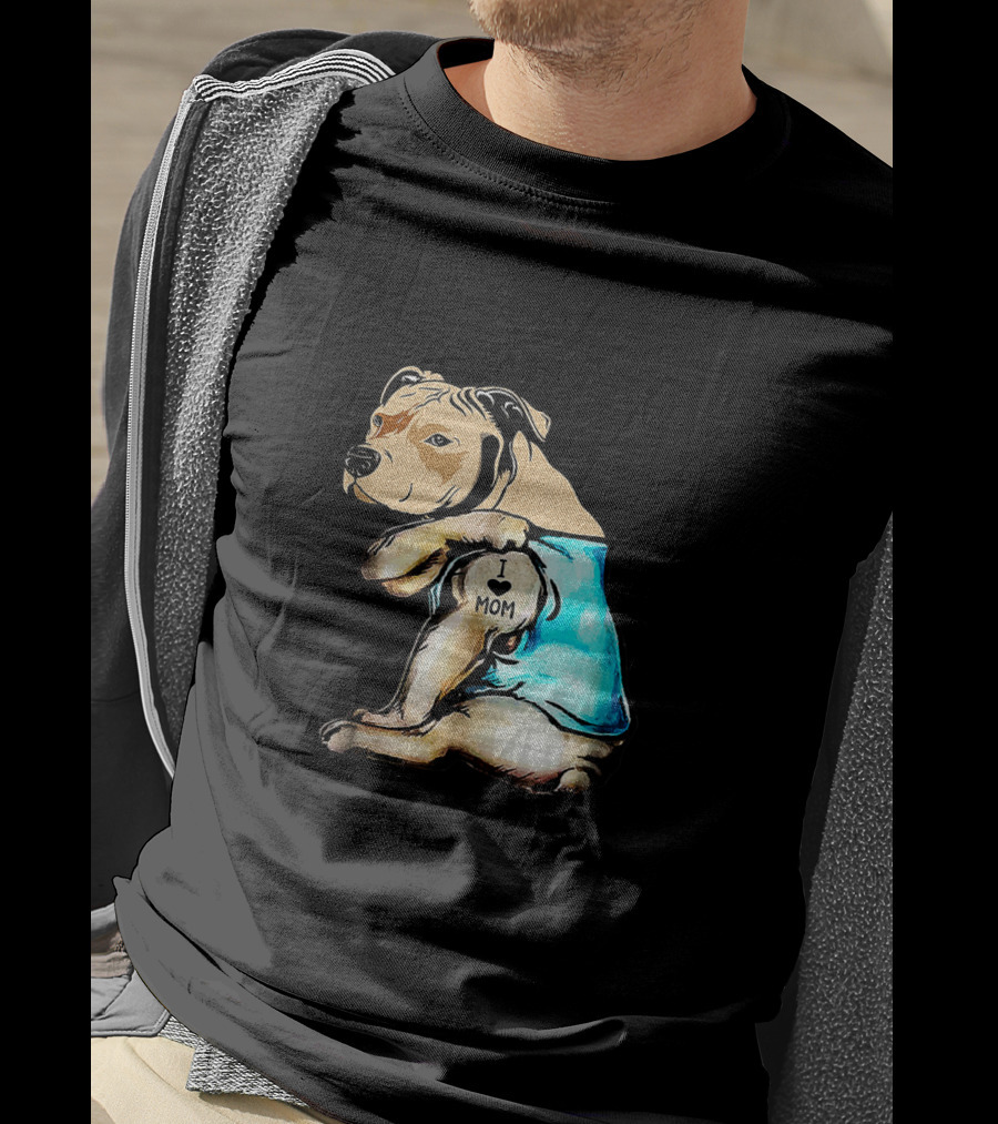 Pit Bull I Love Mom Tattooed Dog In Blue T-Shirt