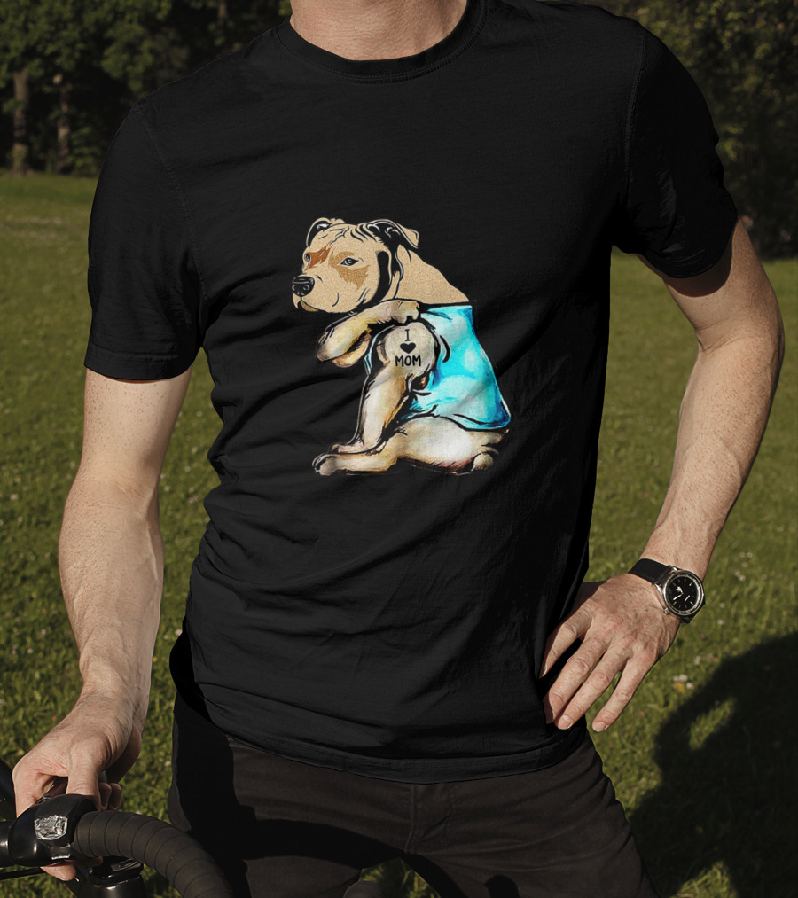Pit Bull I Love Mom Tattooed Dog In Blue T-Shirt
