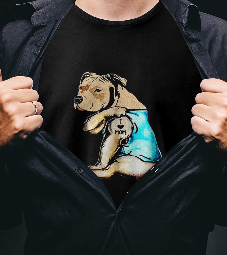 Pit Bull I Love Mom Tattooed Dog In Blue T-Shirt