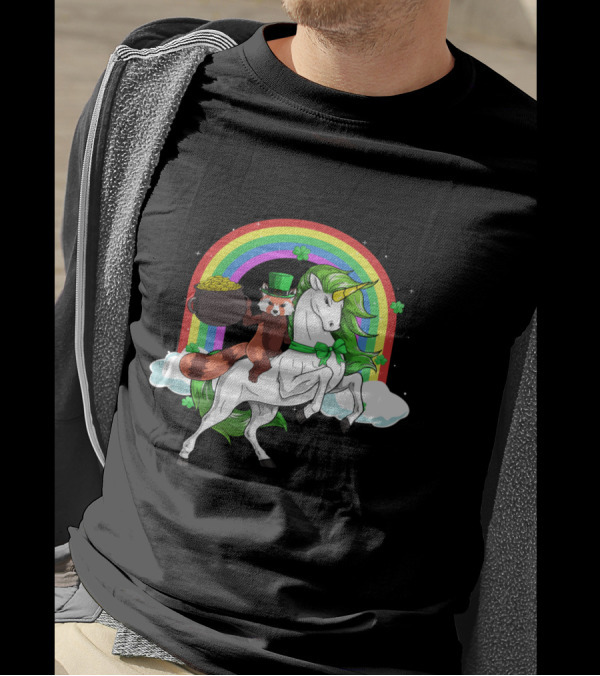 Red Panda Holding Gold On Lepricorn Unicorn With Rainbow T-Shirt