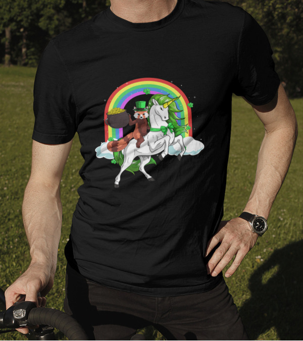 Red Panda Holding Gold On Lepricorn Unicorn With Rainbow T-Shirt
