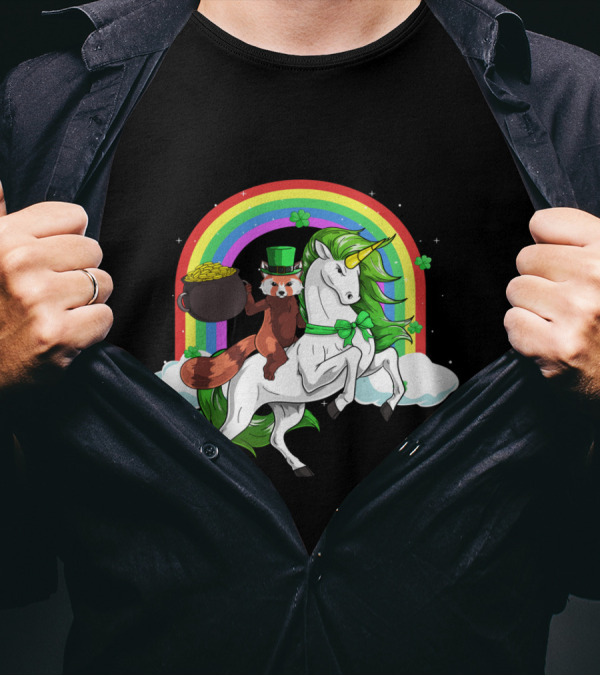 Red Panda Holding Gold On Lepricorn Unicorn With Rainbow T-Shirt