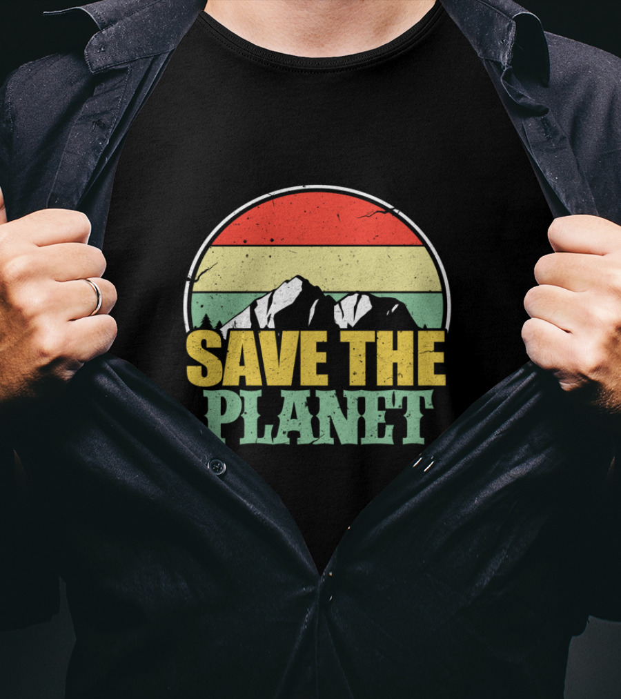 Save The Planet Earth Day Mountain Vintage Retro Sunset T-Shirt