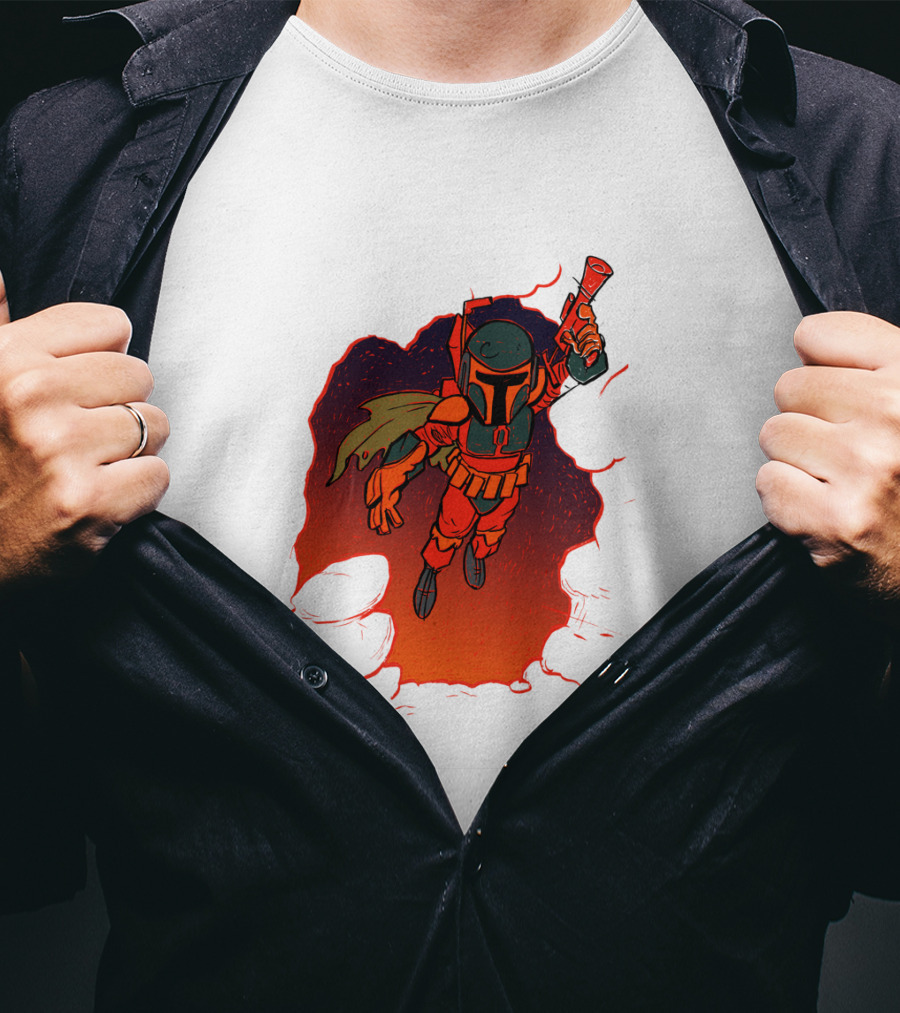 Star Wars Boba Fett Illustrated Blast Mandalorian Jetpack Fire Burst T-Shirt