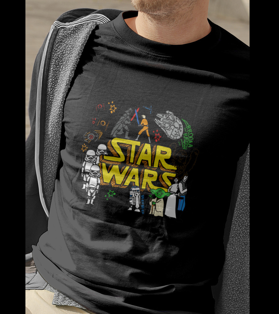 Star Wars Colorful Multi Character Doodle Millennium Falcon Darth Vader Yoda R2-D2 Stormtroopers T-Shirt