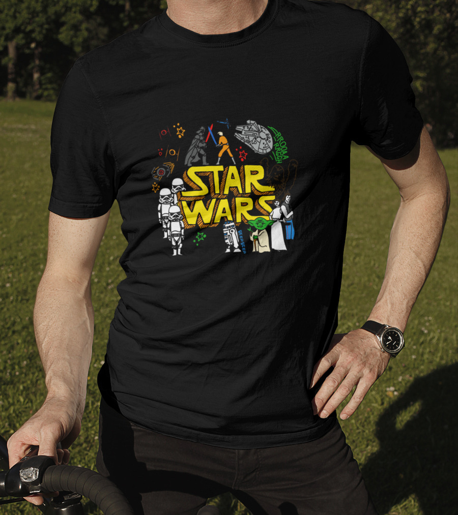 Star Wars Colorful Multi Character Doodle Millennium Falcon Darth Vader Yoda R2-D2 Stormtroopers T-Shirt