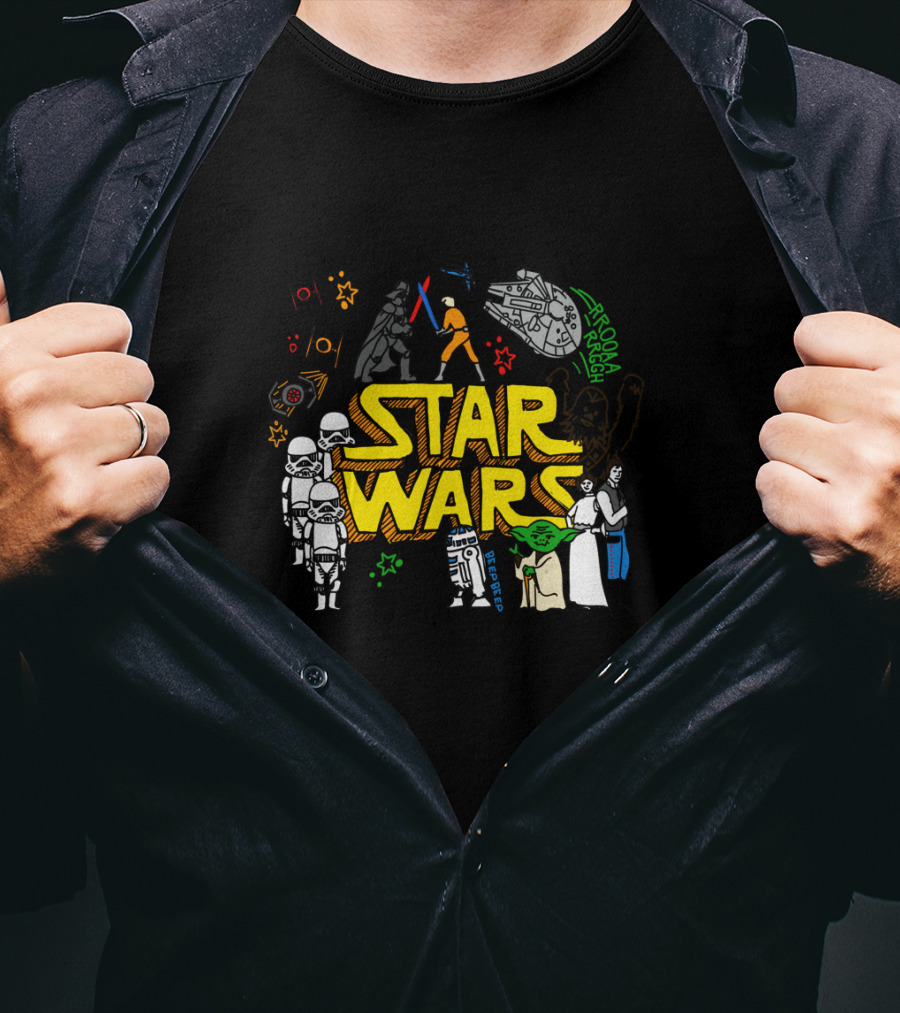 Star Wars Colorful Multi Character Doodle Millennium Falcon Darth Vader Yoda R2-D2 Stormtroopers T-Shirt