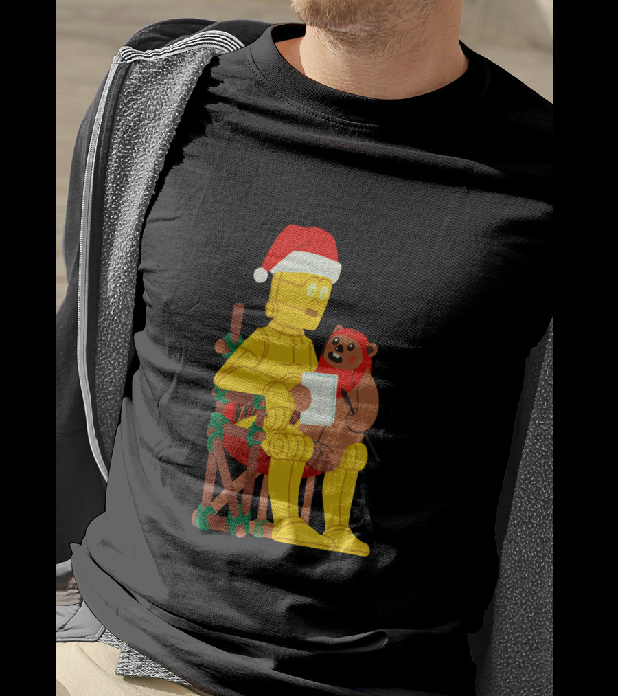 Star Wars Holiday Santa C 3PO And Ewok Christmas Chair Scene T-Shirt