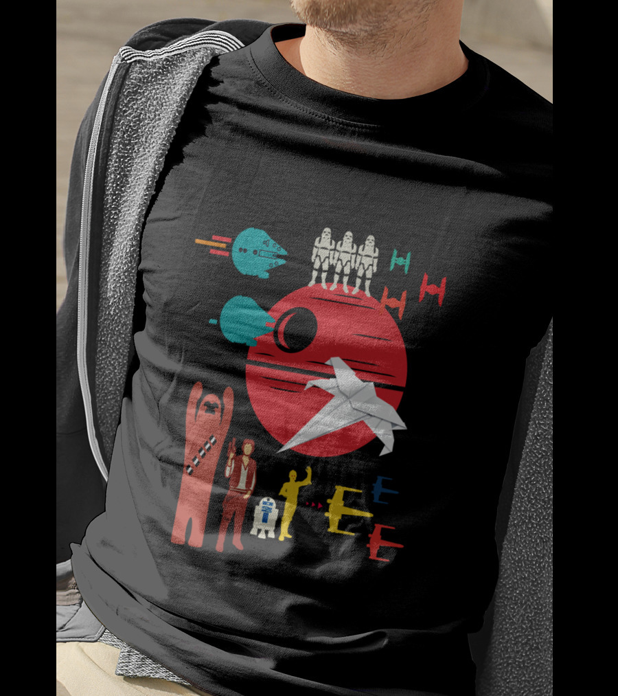 Star Wars Origami Collage Millennium Falcon TIE Fighter Chewbacca R2-D2 T-Shirt
