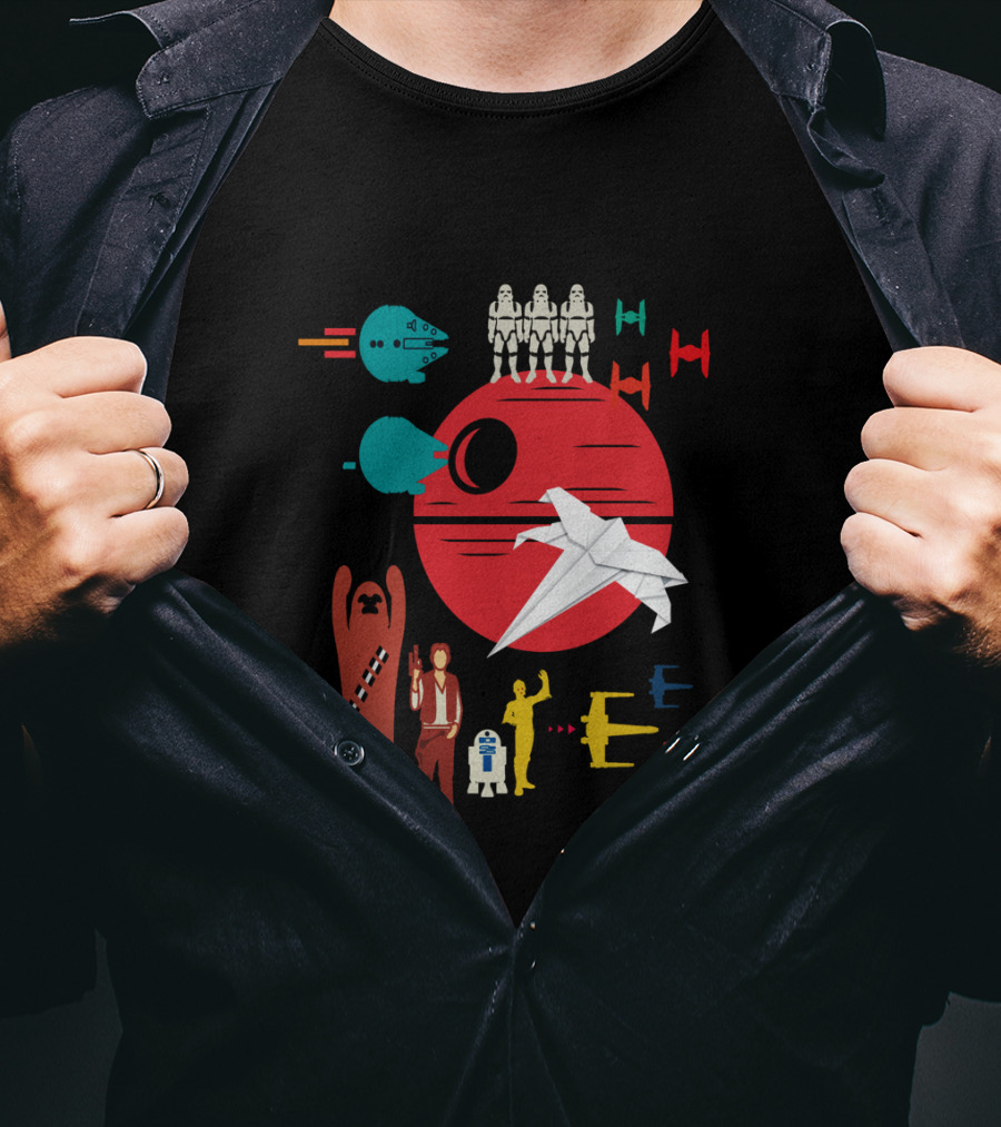 Star Wars Origami Collage Millennium Falcon TIE Fighter Chewbacca R2-D2 T-Shirt