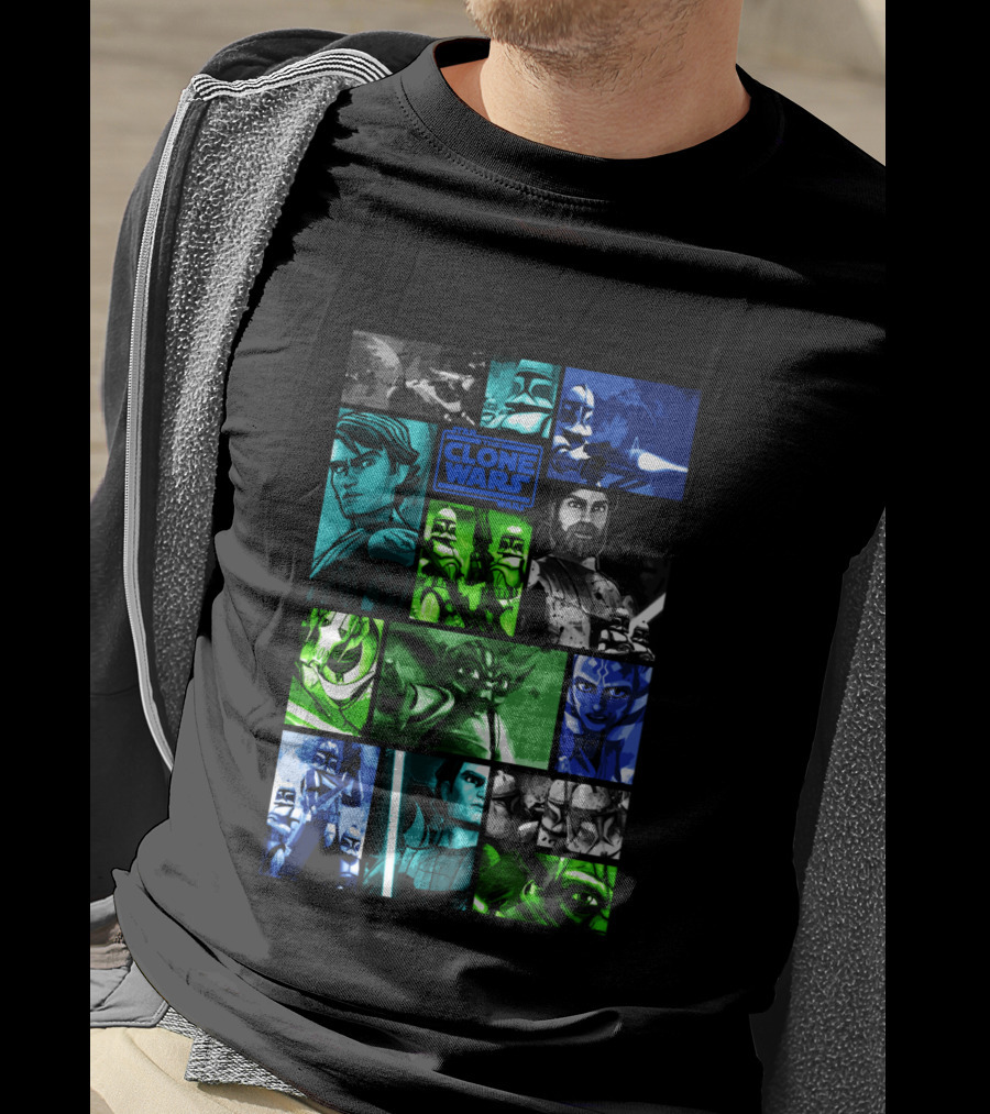Star Wars The Clone Wars Character Montage Panels Featuring Iconic Heroes And Villains T-Shirt