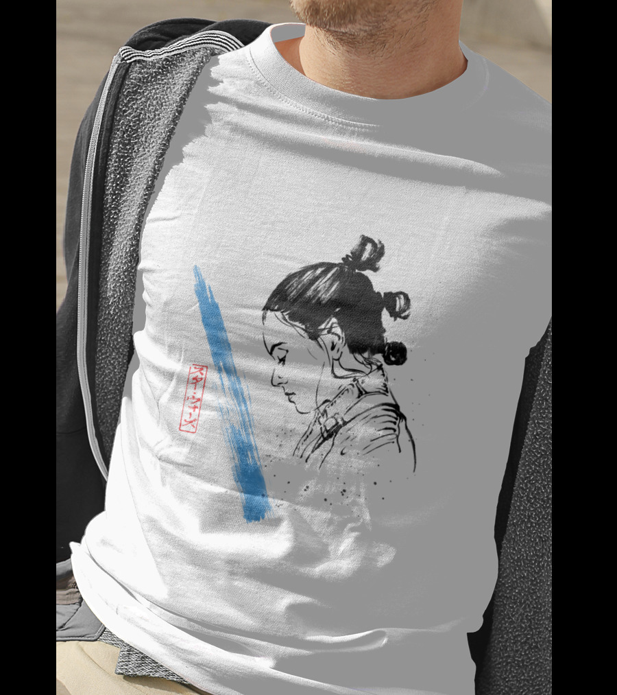 Star Wars The Last Jedi Rey Watercolor Sketch Profile With Blue Brushstroke And Red Kanji Markings T-Shirt