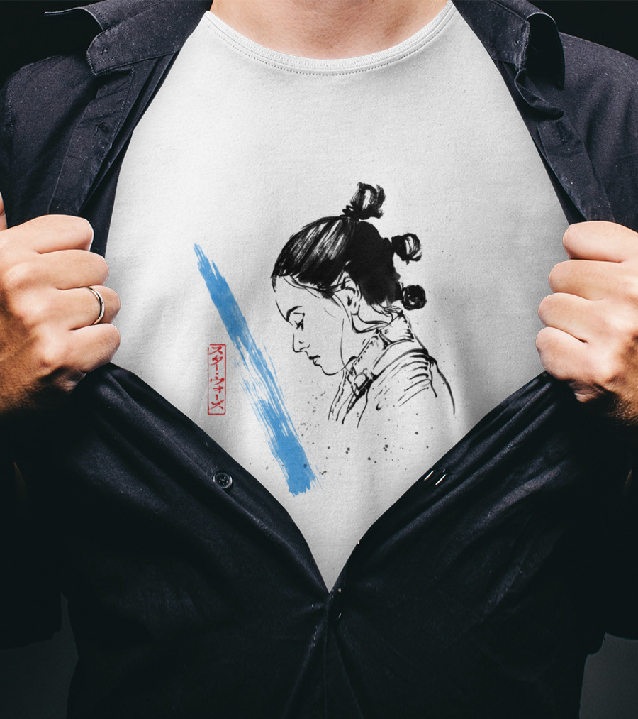 Star Wars The Last Jedi Rey Watercolor Sketch Profile With Blue Brushstroke And Red Kanji Markings T-Shirt