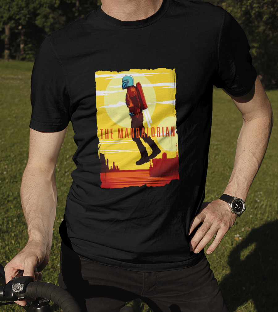 The Mandalorian Jet Pack Floating Scene With Yellow T-Shirt