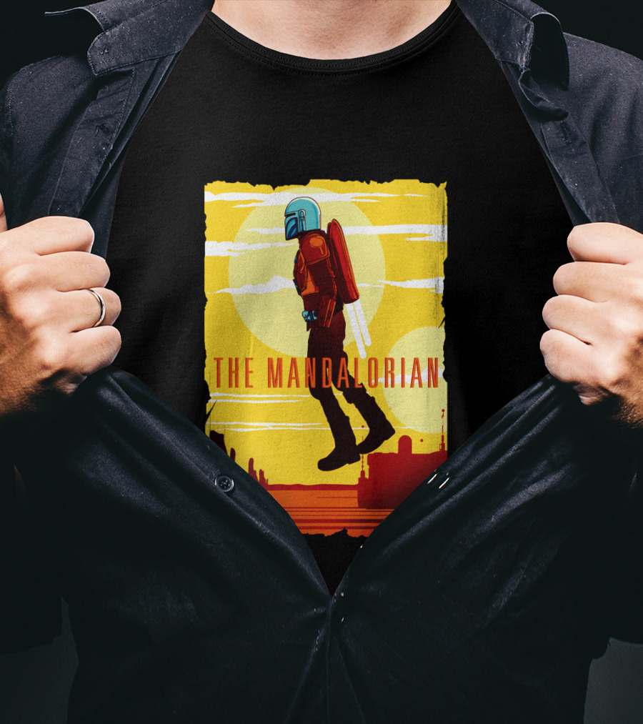 The Mandalorian Jet Pack Floating Scene With Yellow T-Shirt
