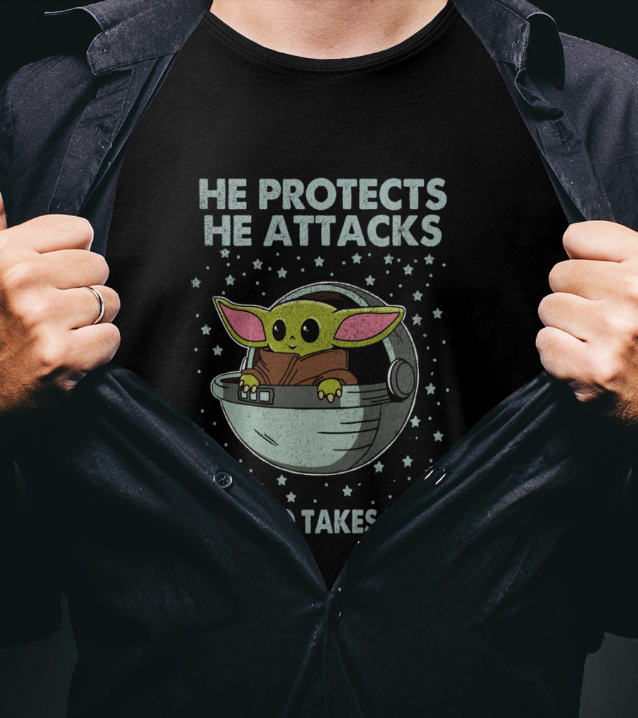 The Mandalorian The Child He Protects He Attacks He Also Takes Naps T-Shirt