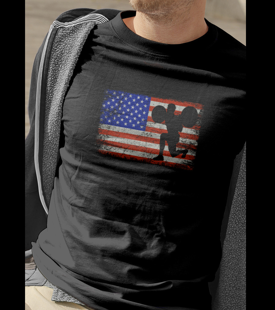 American Flag Weightlifting Silhouette On Distressed Stars And Stripes Background T-Shirt