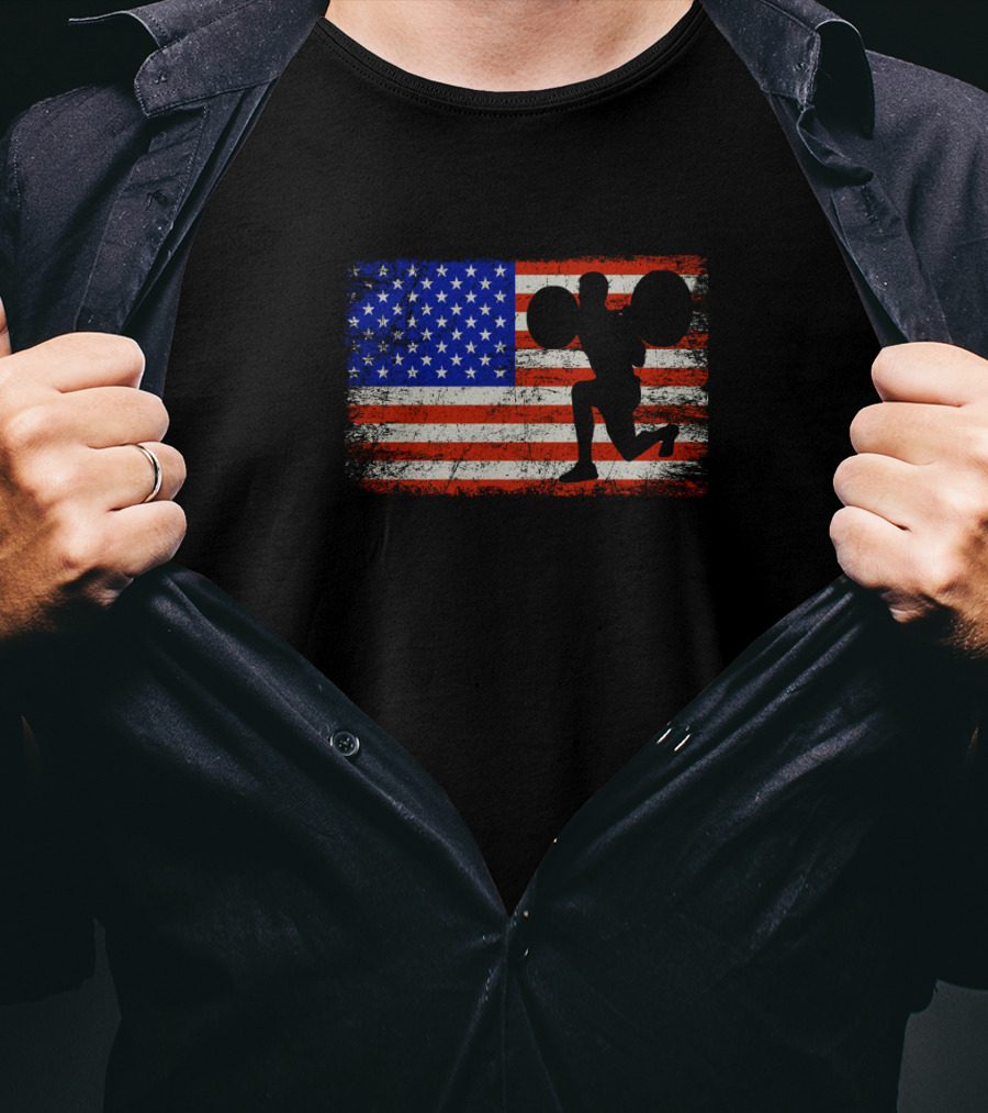 American Flag Weightlifting Silhouette On Distressed Stars And Stripes Background T-Shirt