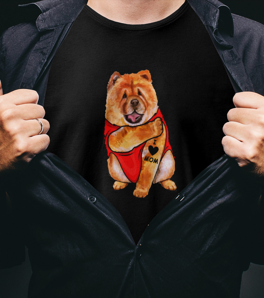 Chow Chow Dog In Red Outfit With I Love Mom Tattoo T-Shirt