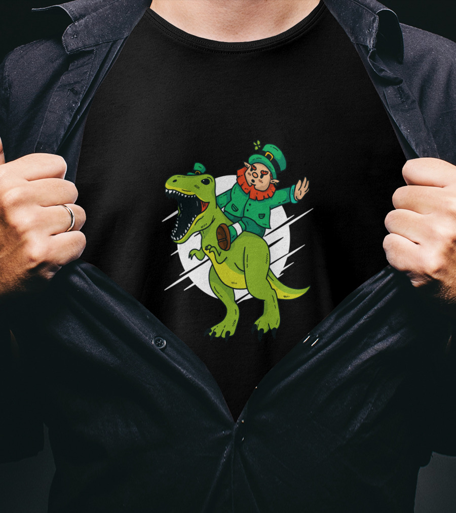 Leprechaun Riding Dinosaur Fantasy Adventure T-Shirt