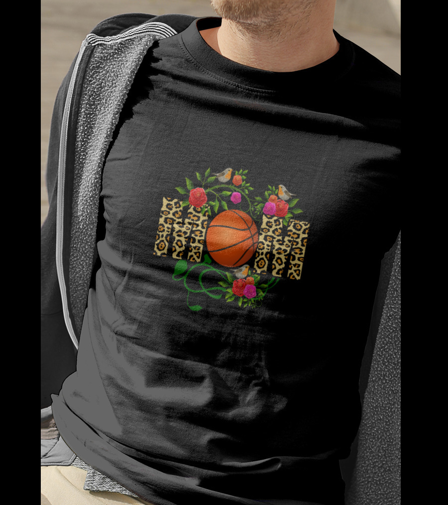 BASKETBALL MOM Cool Leopard Floral Birds T-Shirt