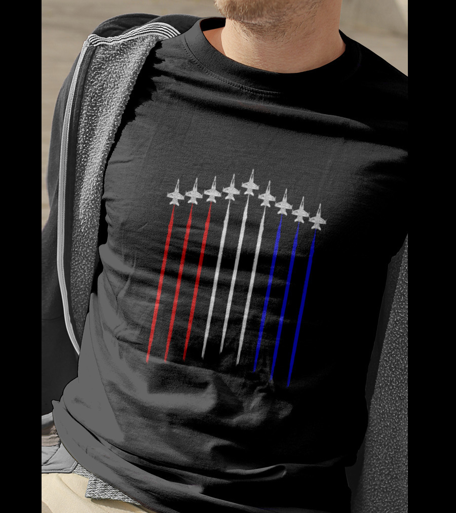 F18 Hornet Schematic Contrails In Red White Blue USA Flag T-Shirt